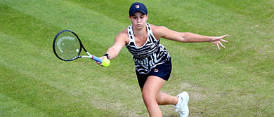 Ash Barty plays a forehand during her semi-final match against Barbora Strycova on day six of the Nature Valley Classic.