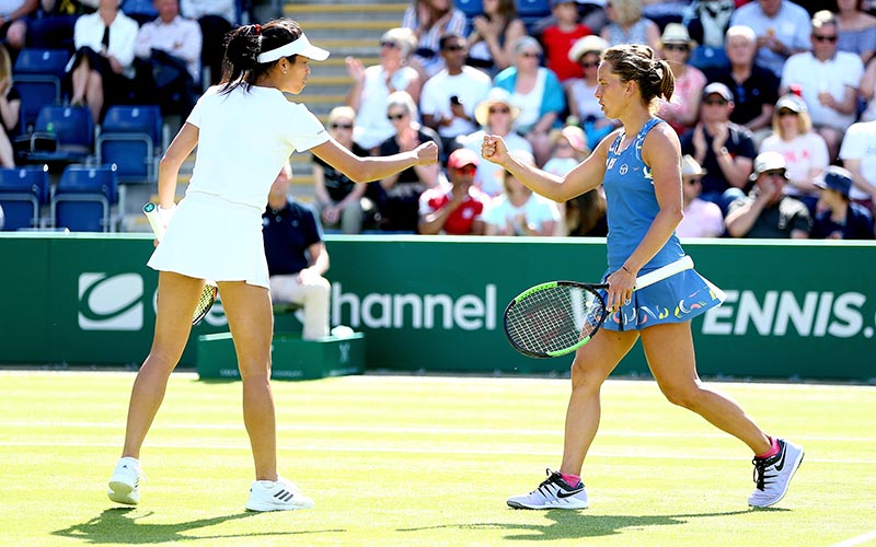 Barbora Strycova and Su-Wei Hsieh celebrate during their doubles semi-final match